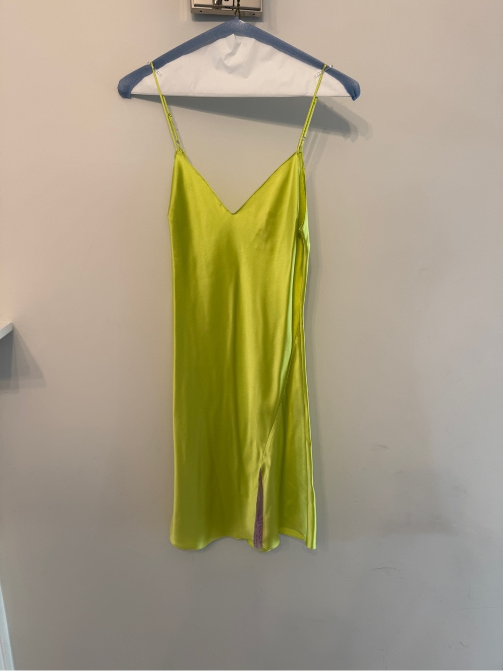 DANNIJO Lime Satin Slip Dress with V-Neck and Side Slit